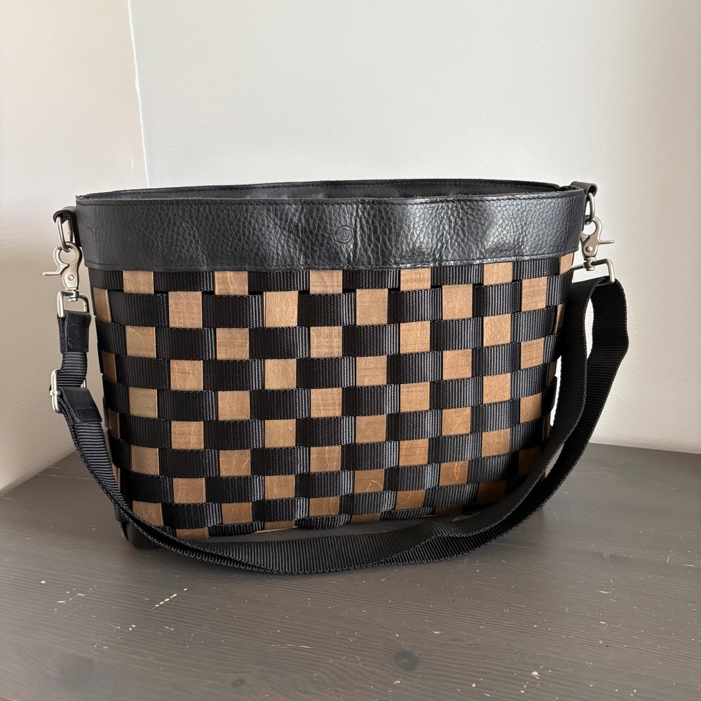 Longaberger To Go Woven Basket Wood Large Brown Black Leather Trim USA 2005